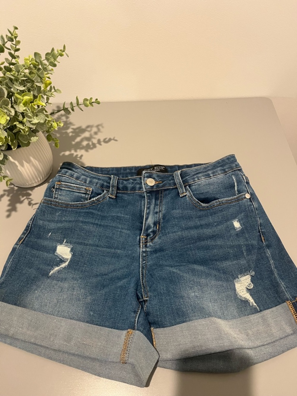 Judy Blue Medium Blue Distressed Cuffed Denim Shorts